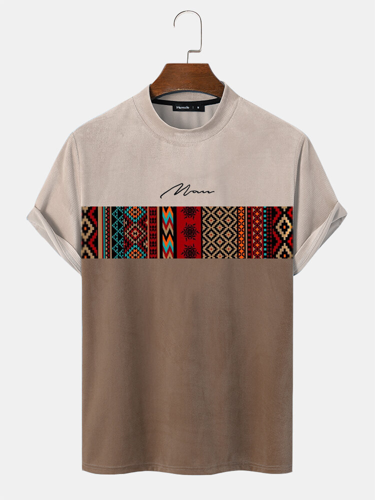 Mens Vintage Geometric Pattern Patchwork Mock Neck Short Sleeve T-Shirts