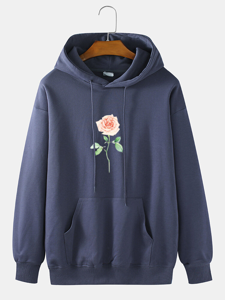 Mens 100% Cotton Rose Print Casual Pouch Pocket Drawstring Hoodies