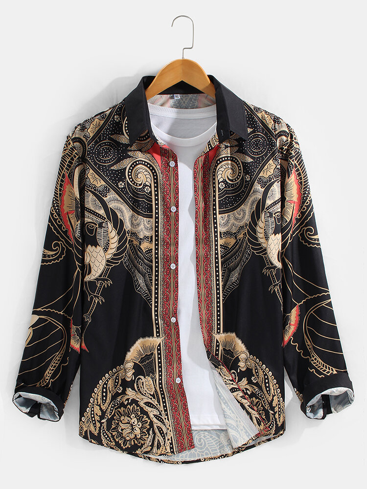 Mens Ethnic Pattern Printed Lapel National Style Long Sleeve Shirts