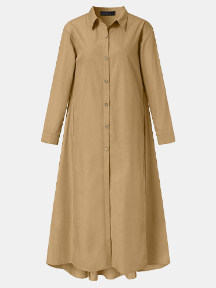 Causal Solid Color Lapel Long Sleeve Plus Size Button Dress with Pocket