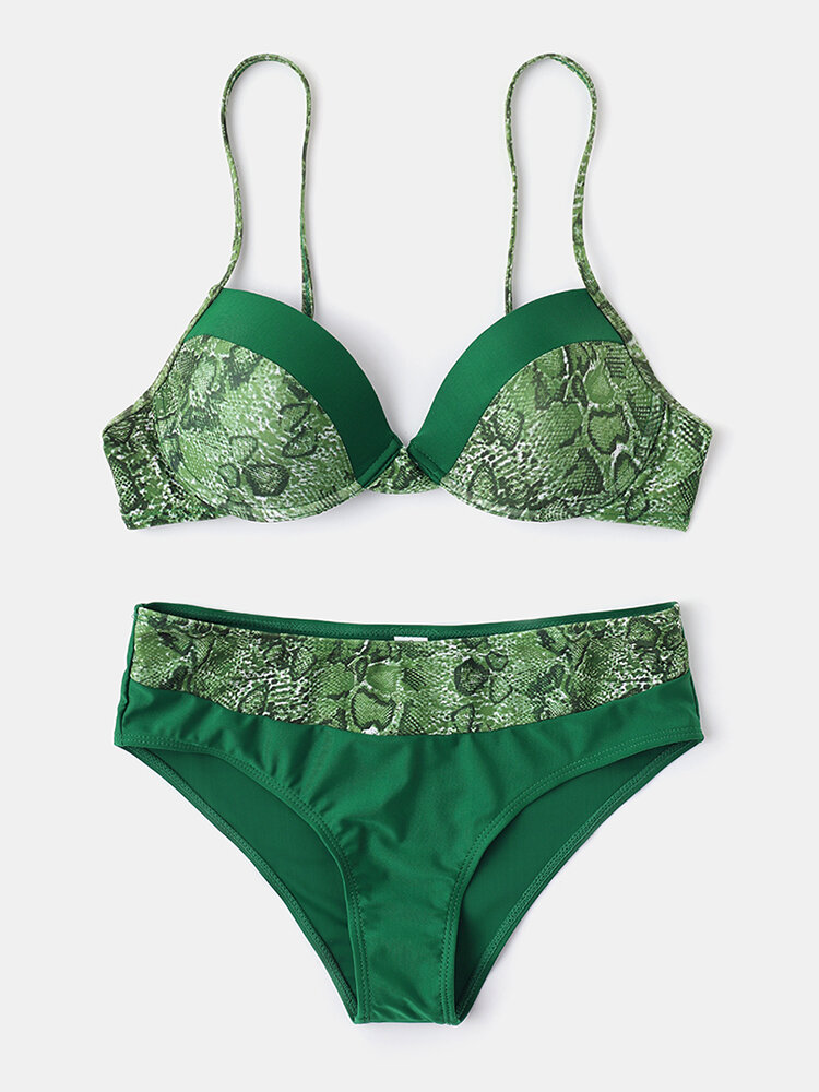 Women Snake Skin Print Bikini Push Up Patchwork Gather Green Beachwear