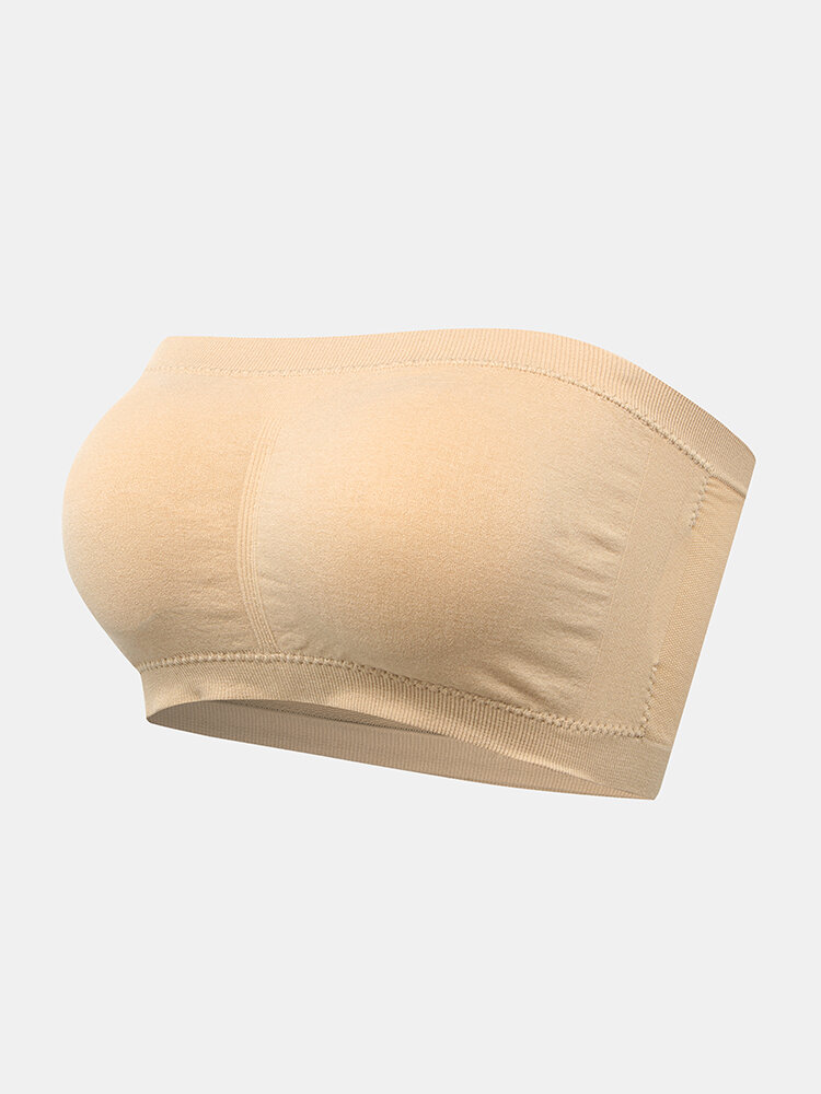 Women Solid Color Seamless Wireless Removable Chest Pad Bandeau Bra