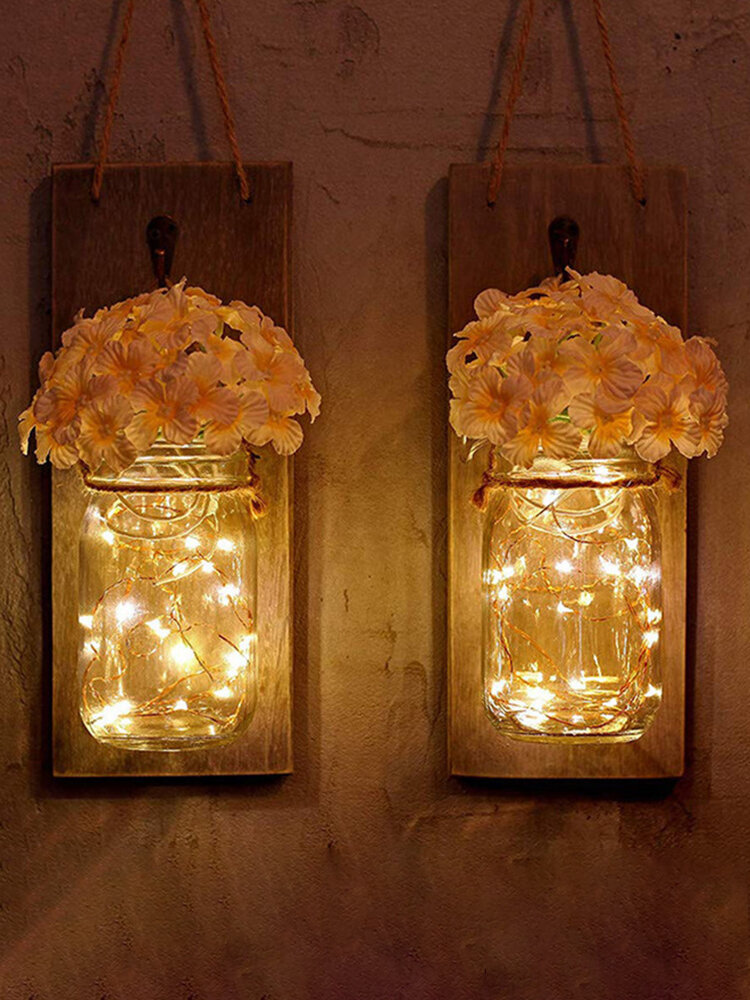 Rustic Wall Sconces with LED Fairy Lights & Silk Flowers Home Decor 6hr Timer 