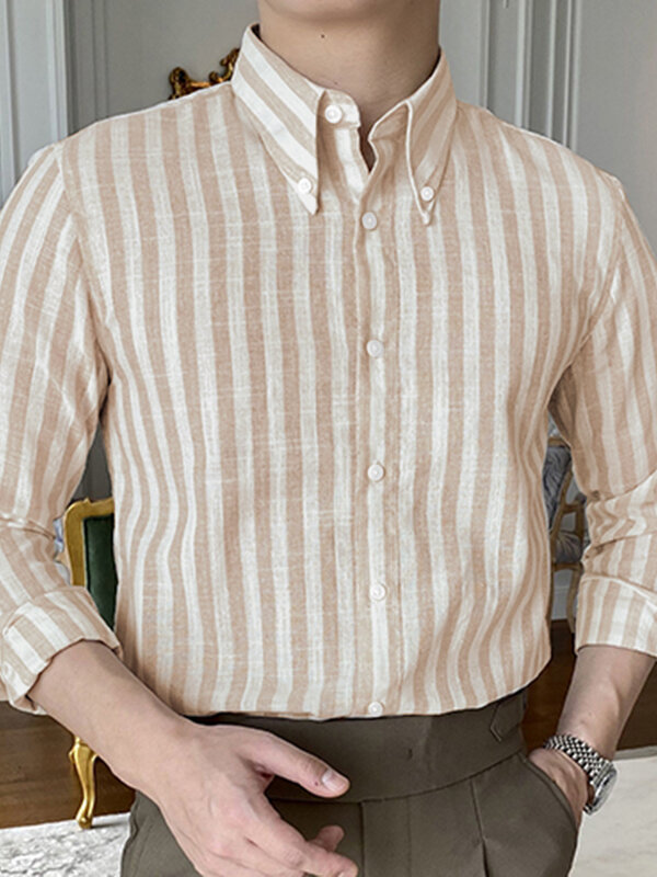 Mens Listrado colarinho botão manga longa Camisa