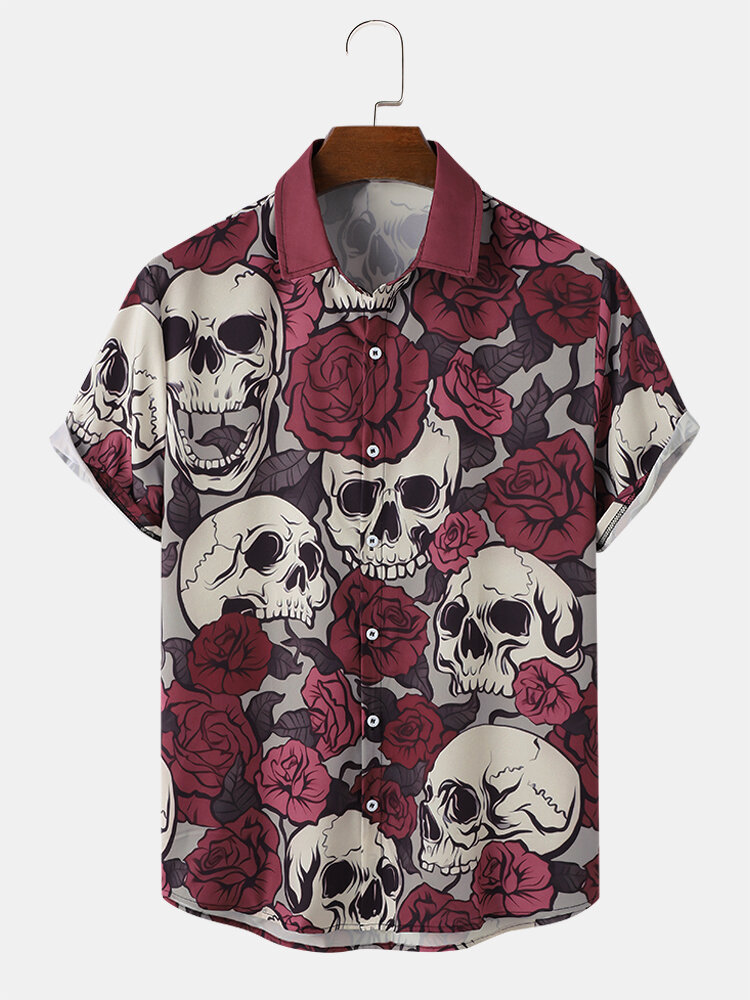 Mens All Over Skull Rose Print Lapel Short Sleeve Shirts