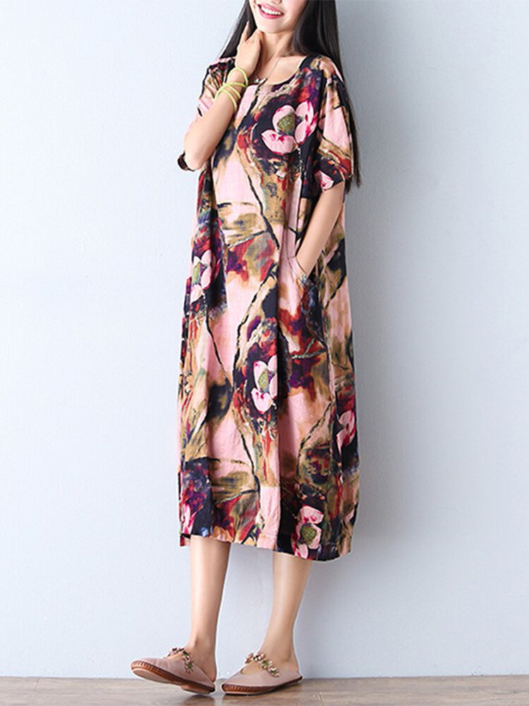 Floral Print Split Hem A-line Plus Size Dress