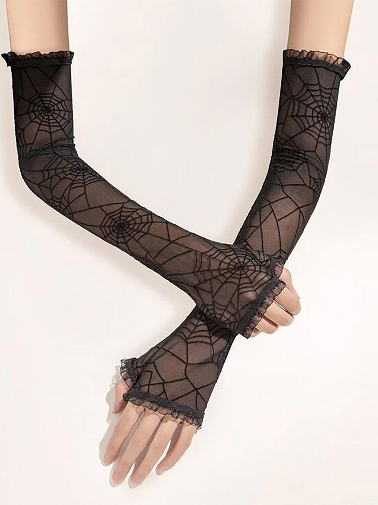 Women Polyester Cotton Black Lace Spider Web Pattern Sunshade Breathable Long Half-finger Gloves