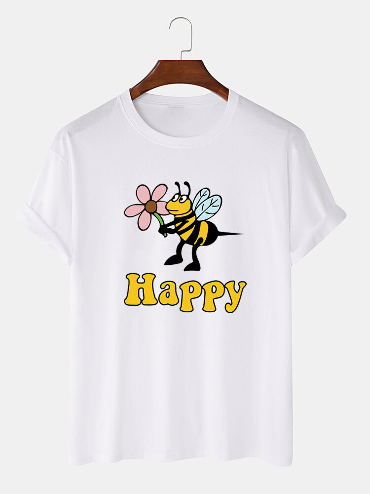 Mens 100% Cotton Bee Happy Printed Breathable Casual O-Neck Short Sleeve T-shirts