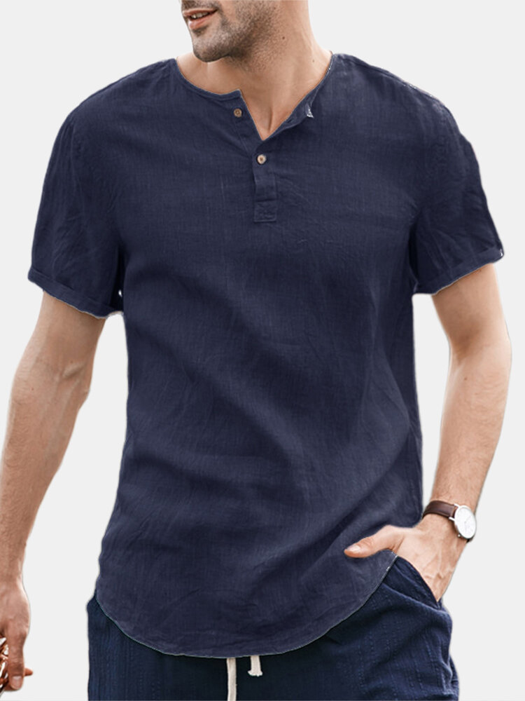 

Mens Cotton Linen Thin & Breathable V-Neck Short Sleeve Henley Shirt, Navy;white