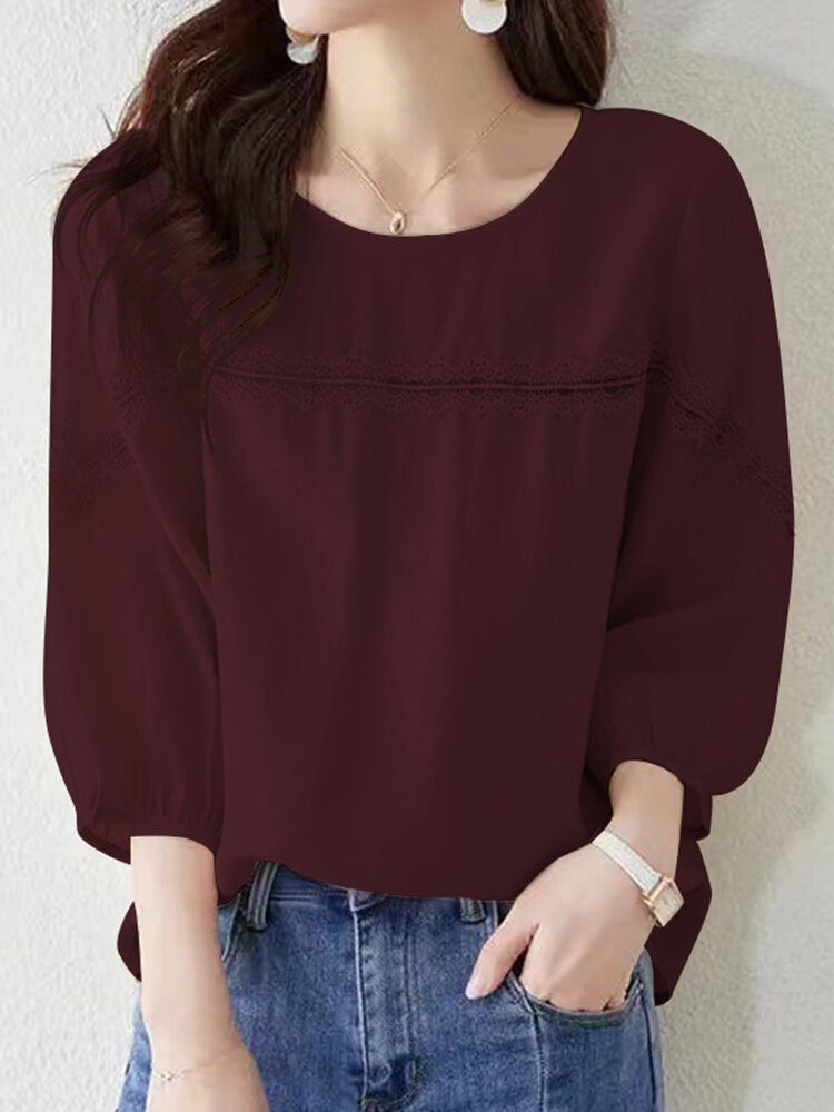 Solid Lace Stitch 3/4 Sleeve Crew Neck Blouse