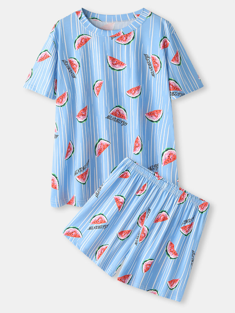 Plus Size Women Stripe Watermelon Print Short Sleeve Home Pajama Sets