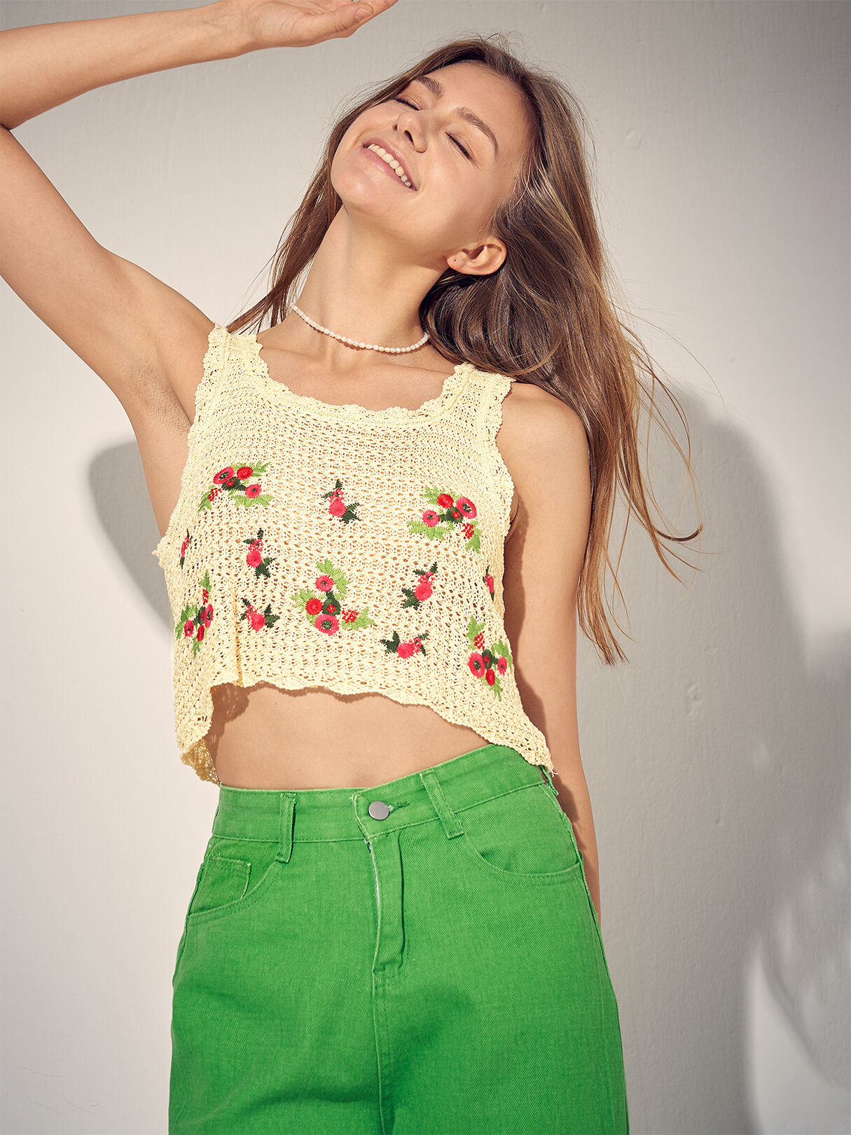 Floral Embroidery Crochet Knit Crew Neck Crop Tank Top