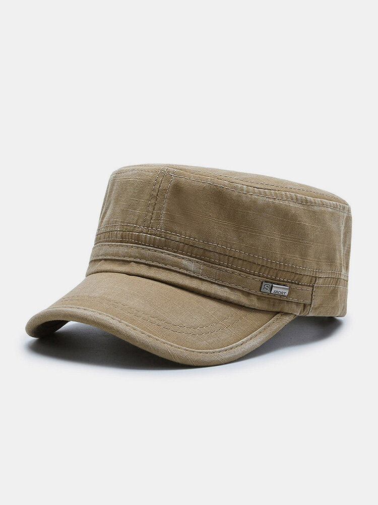 Men Washed Distressed Cotton Solid Color Letter Metal Label Sutures Casual Sunscreen Military Hat Flat Cap