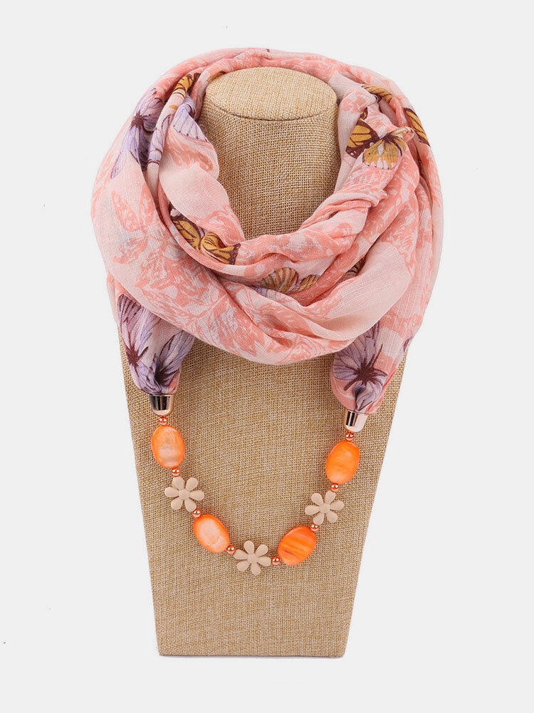 

1 Pcs Chiffon Floral Print Shell Pendant Decor Sunshade Keep Warm Scarf Necklace, Orange;dark gray;pink;blue;gray;khaki