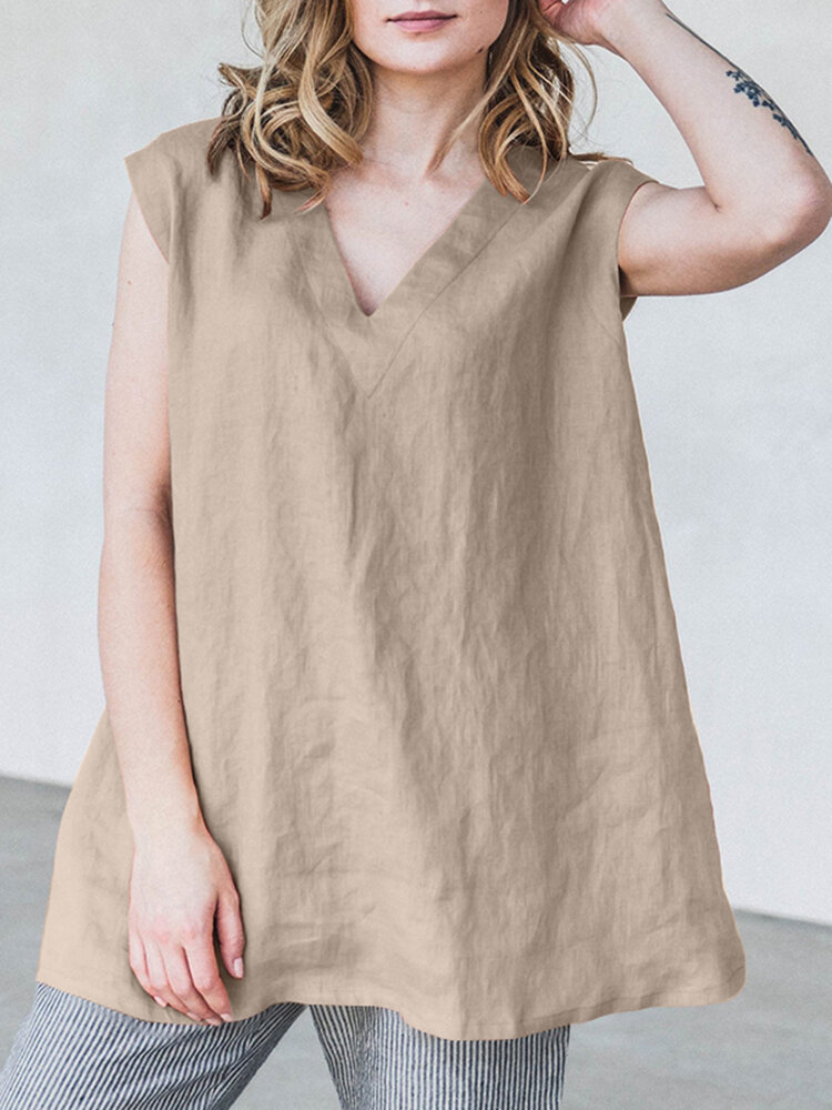 Solid V-neck Sleeveless Casual Loose Tank Top