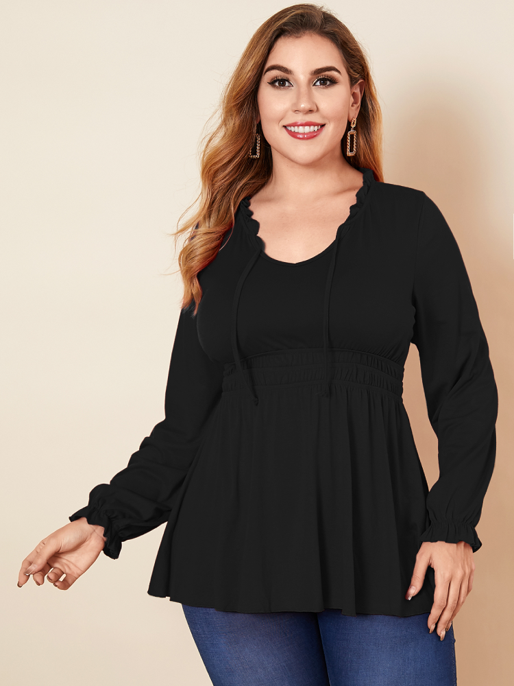 Solid Color V-neck Lantern Sleeve Knotted Plus Size Blouse
