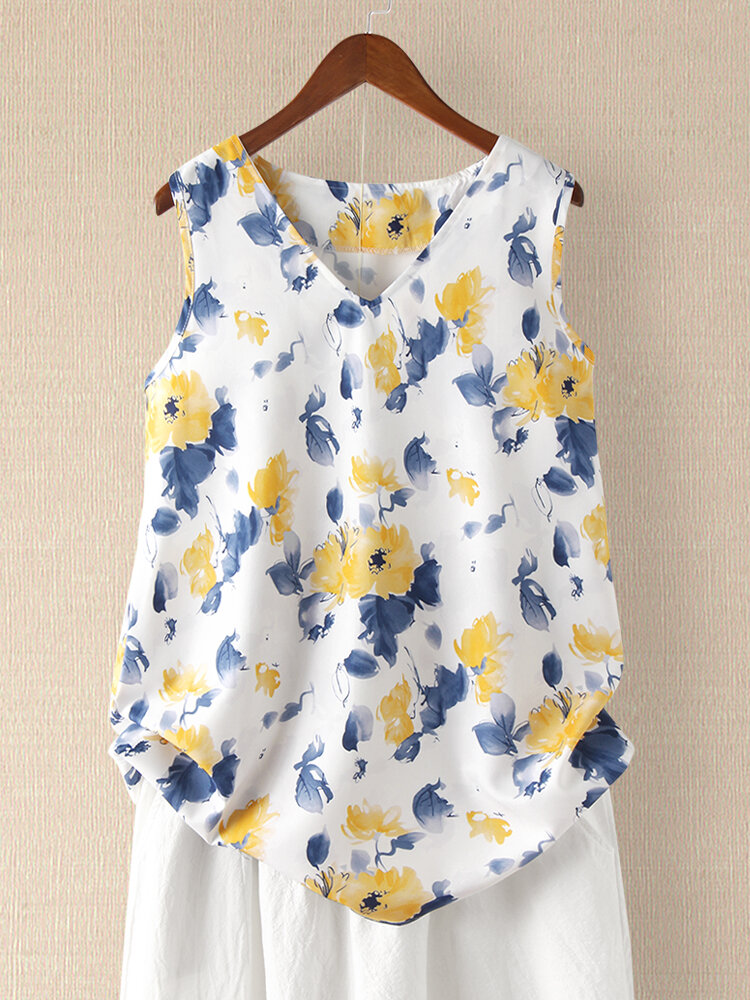 

Ink Floral Print Sleeveless V-neck Tank Top For Women, Yellow