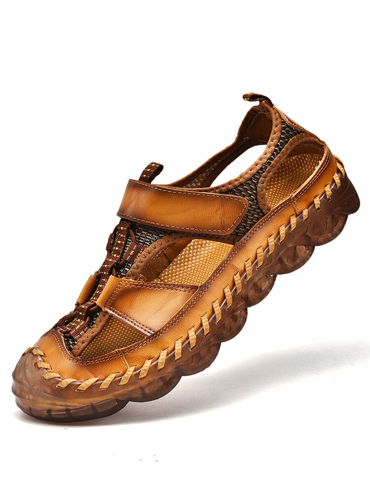 Men Leather Splicing Hand Stitching Slip Resistant Outdoor Sandals