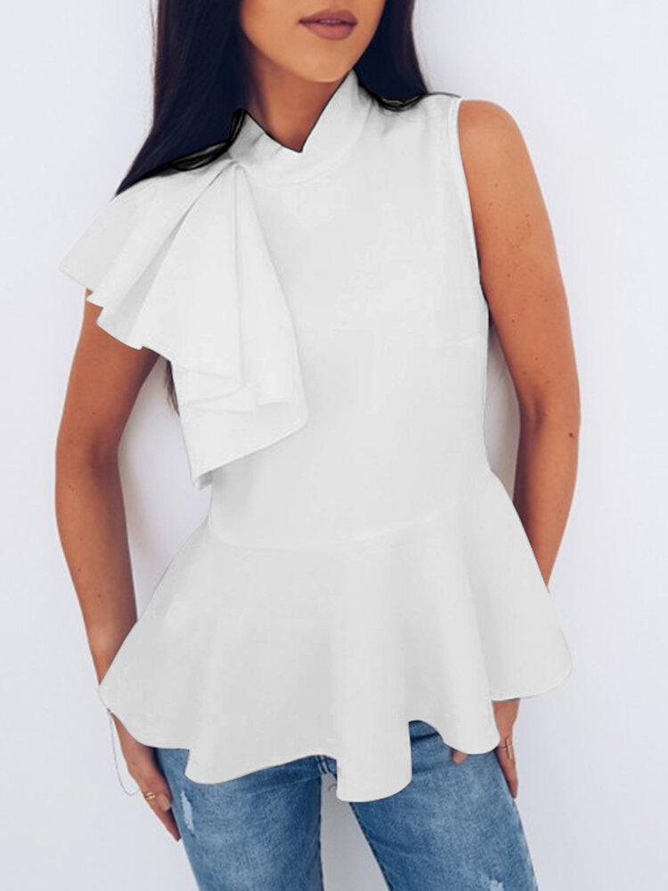 Asymmetrical Ruffle Sleeve Solid Stand Collar Women Blouse