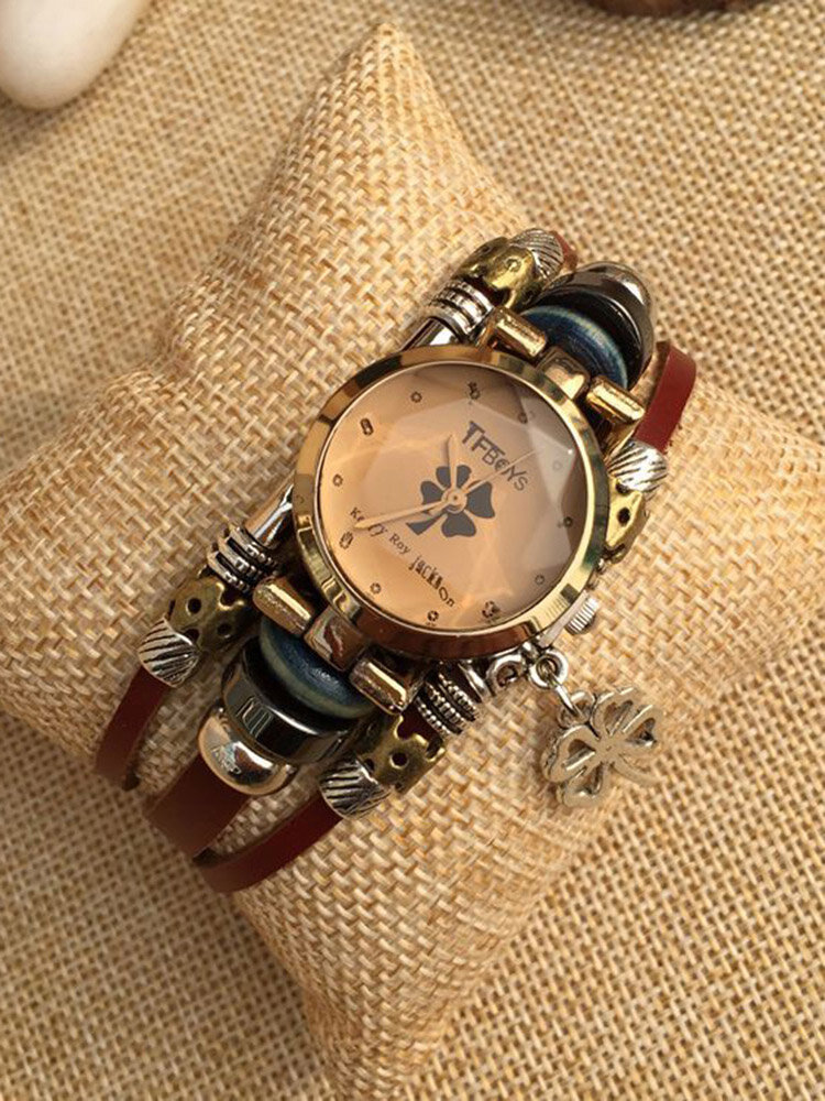 Vintage Multilayer Women Quartz Watch Four Leaf Clover Pendant Leather Bracelet Watch