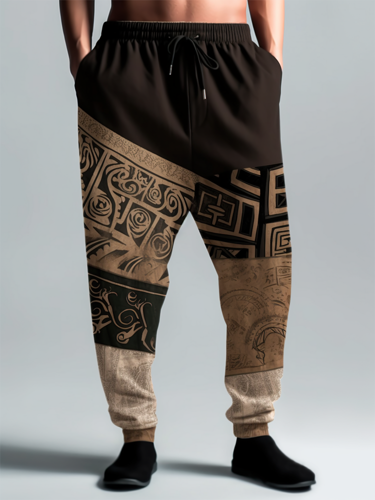 

Mens Vintage Ethnic Pattern Patchwork Loose Cuffed Pants, Khaki