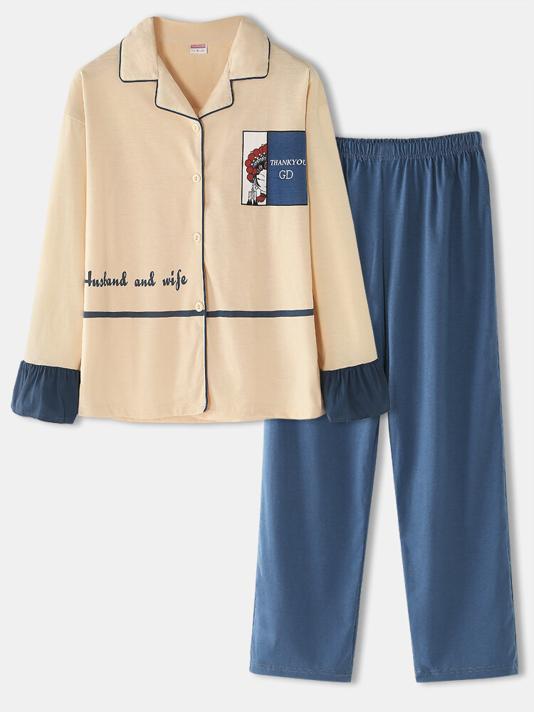 Women Cotton Patchwork Letter National Style Print Lapel Long Pajama Sets