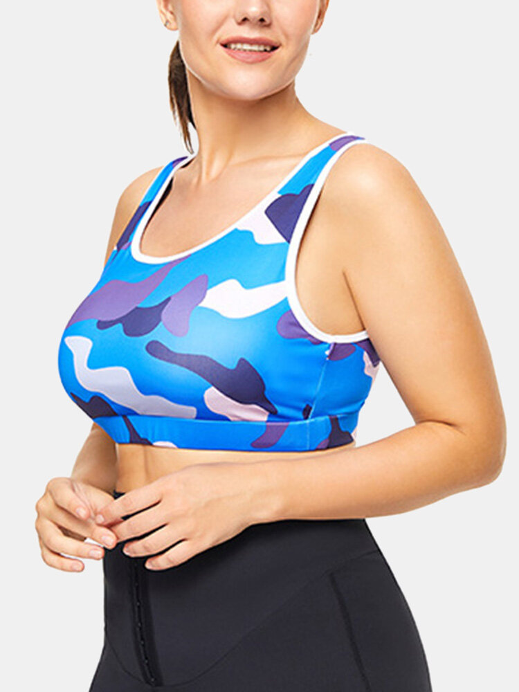Plus Size Women Camo Print Wireless Shockproof Cozy T-Shirt Sports Bra