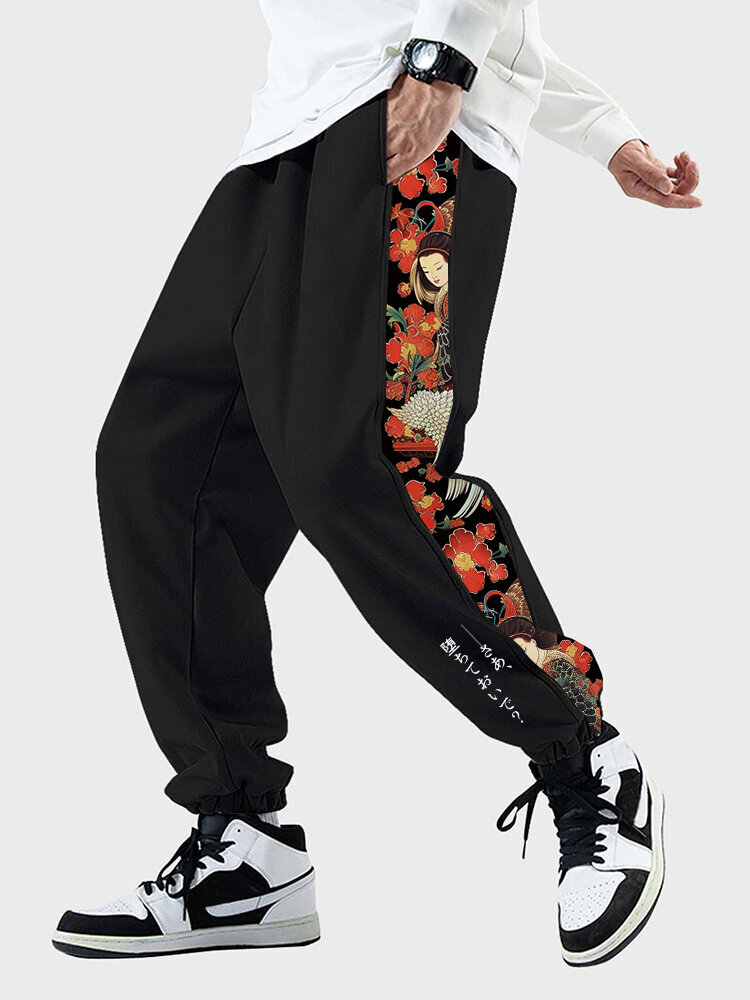رجل اليابانية الشكل الأزهار الجانب طباعة المرقعة Sweatpants فضفاضة الشتاء
