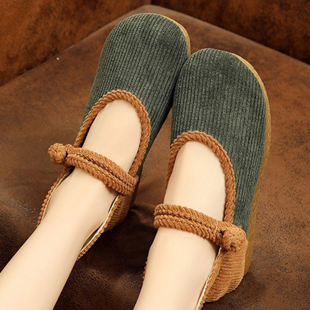 Women Comfy Straw Edged Big Round Toe Buckle Flat Shoes