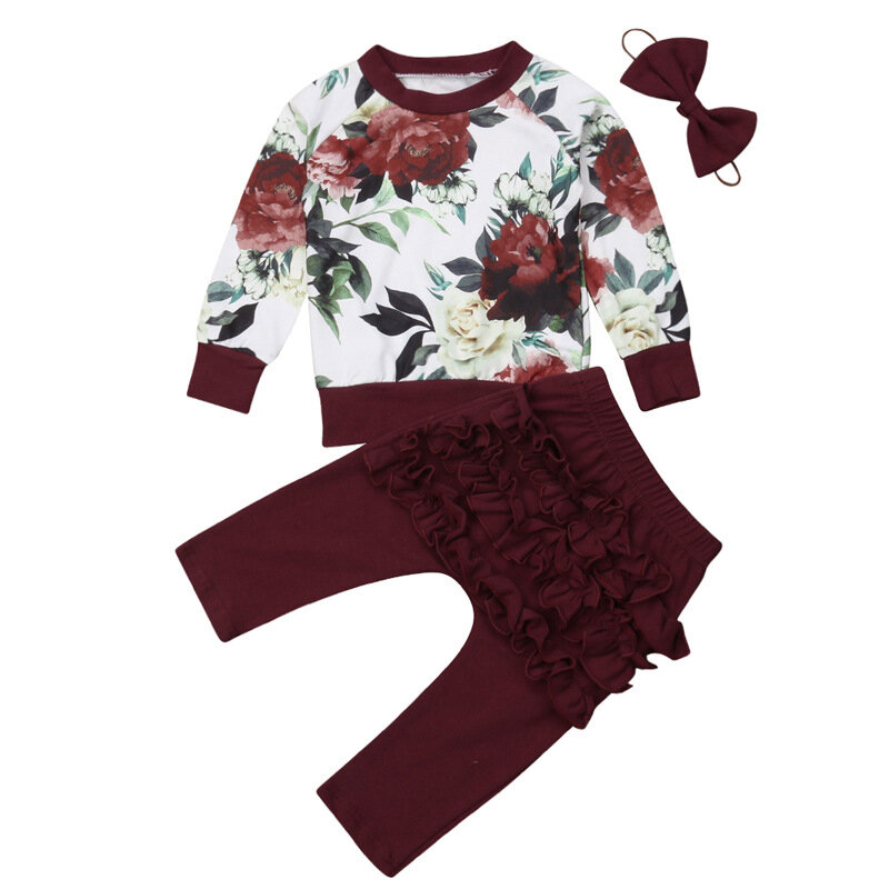 3Pcs Baby Girl's Flower Long Sleeves Tops Ruffle Pants Casual Set For 0-24M