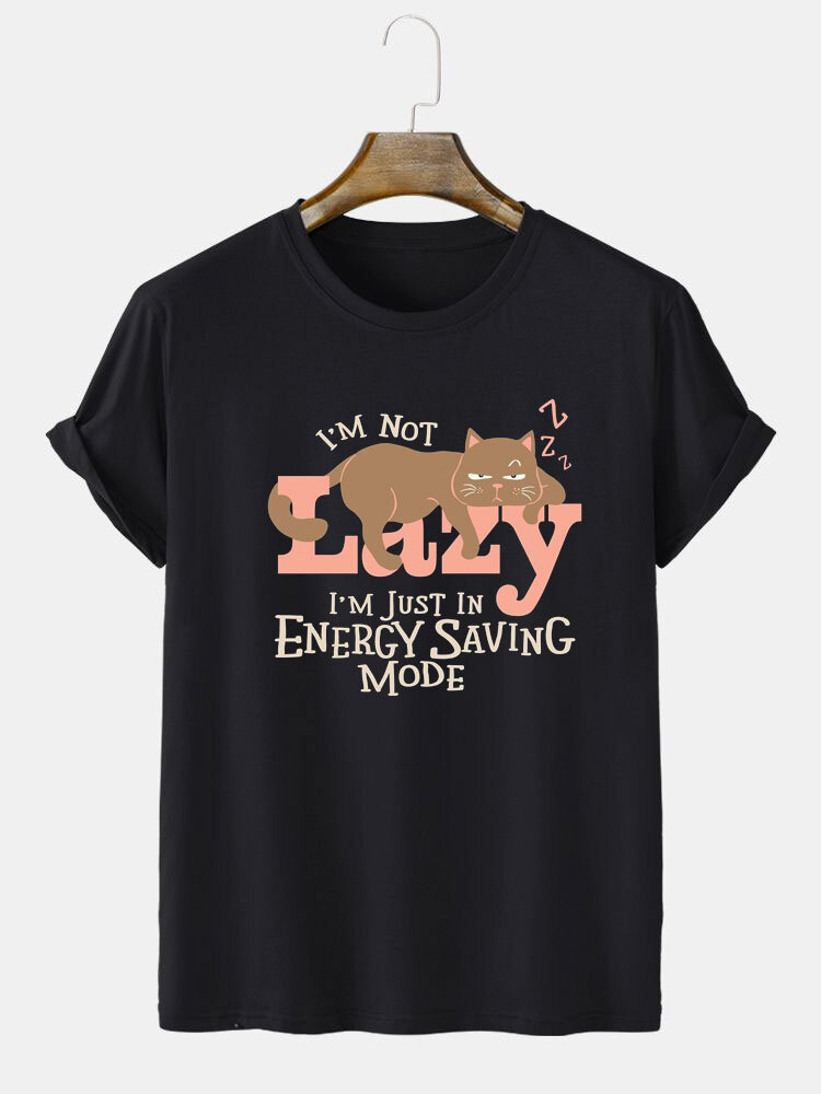 Mens Cartoon Cat Slogan Print Crew Neck Short Sleeve T-Shirts Winter
