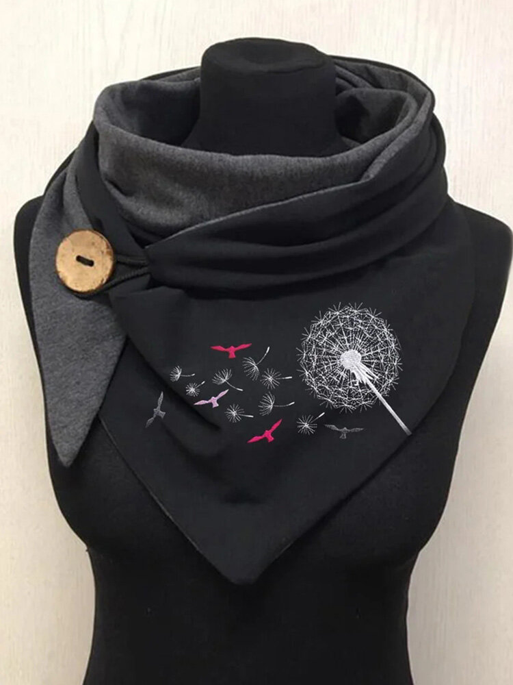 Women Polyester Cotton Bird Pattern Print With Decorative Button Warmth Triangle Casual Shawl Scarf