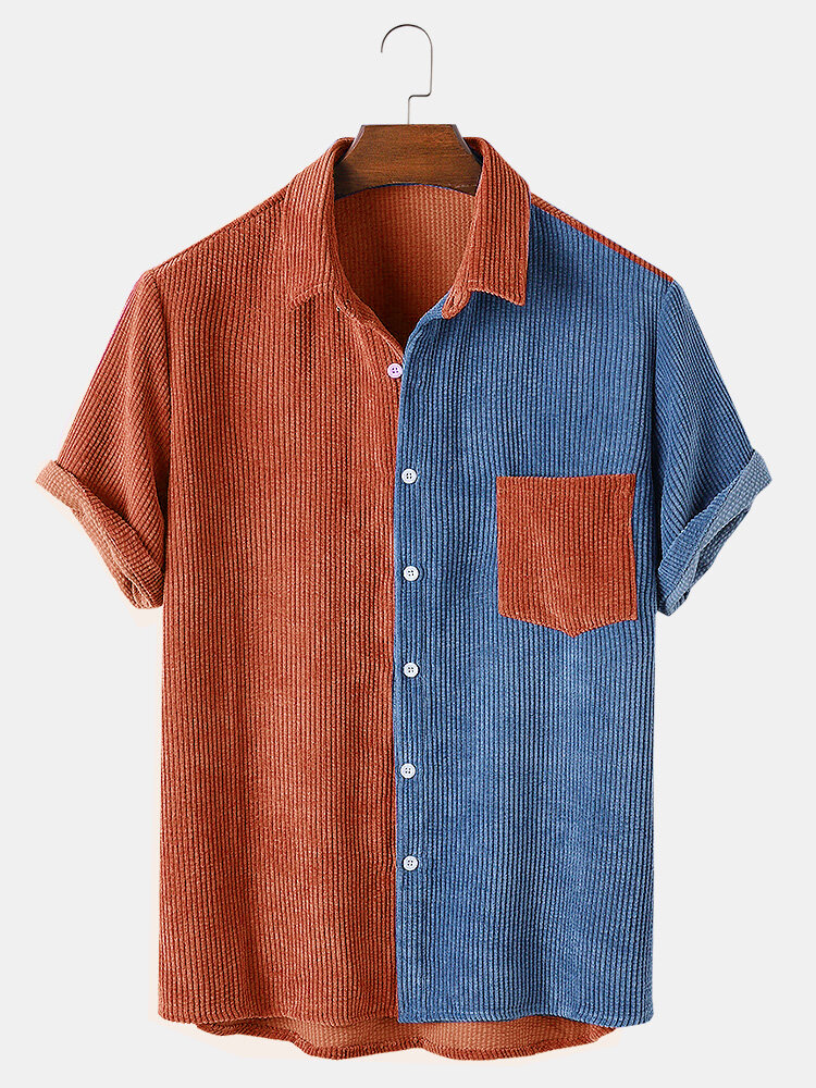 Mens Designer Corduroy Patchwork Pocket Breathable Casual Shirts