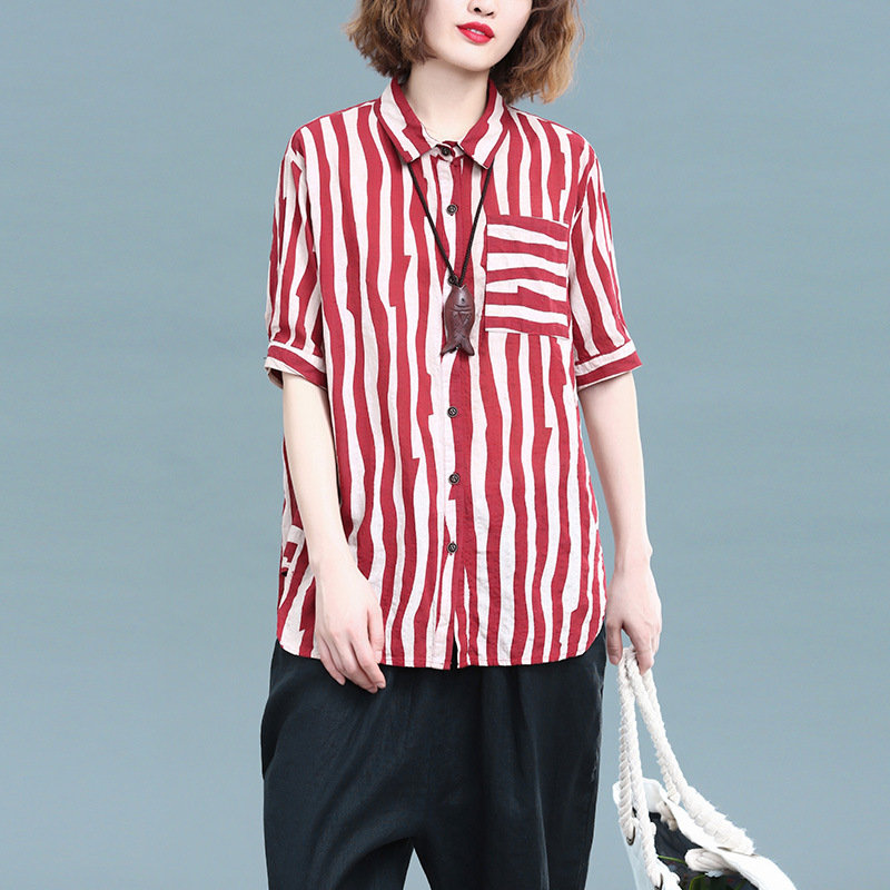 Large Size Women's Casual Striped Cotton And Linen Loose Short-sleeved Base Women's Shirt Women's New