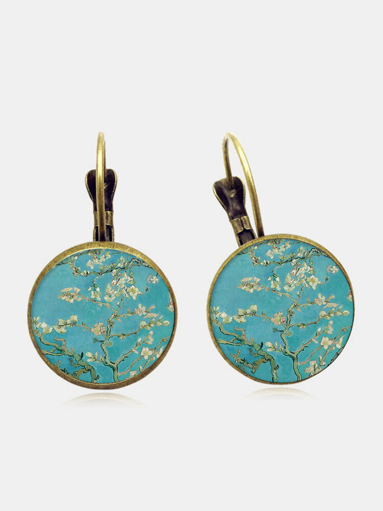 Vintage Geometric Round Alloy Glass Plum Blossom Pattern Print Earrings