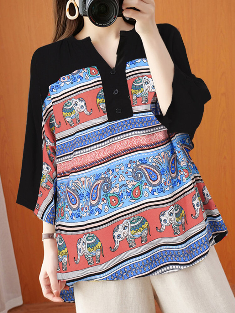 Ethnic Print Patchwork 3/4 Sleeve V-neck Button Blouse