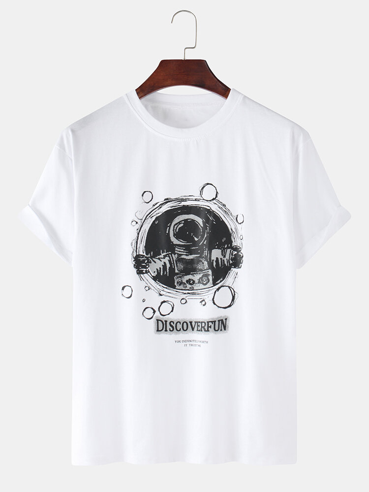 Mens Space Astronaut Printed Cotton Round Neck Casual Short Sleeve T-shirts