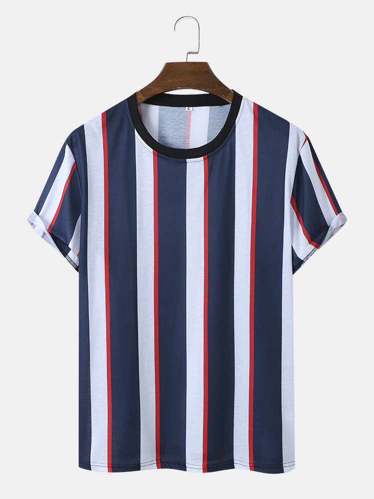 Mens Vertical Stripe Crew Neck Daily Short Sleeve T-Shirts