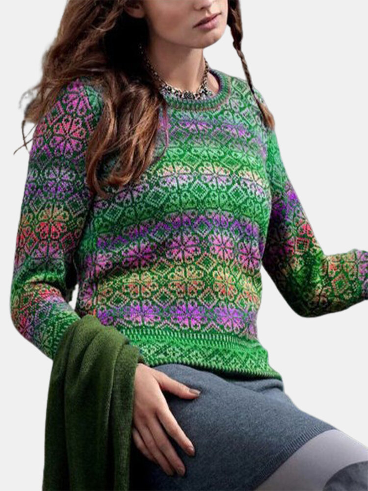 Casual Patchwork Crewneck Plus Size Knit Sweater