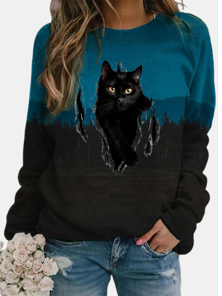 Black Cat Night Print Long Sleeve O-neck Plus Size Blouse