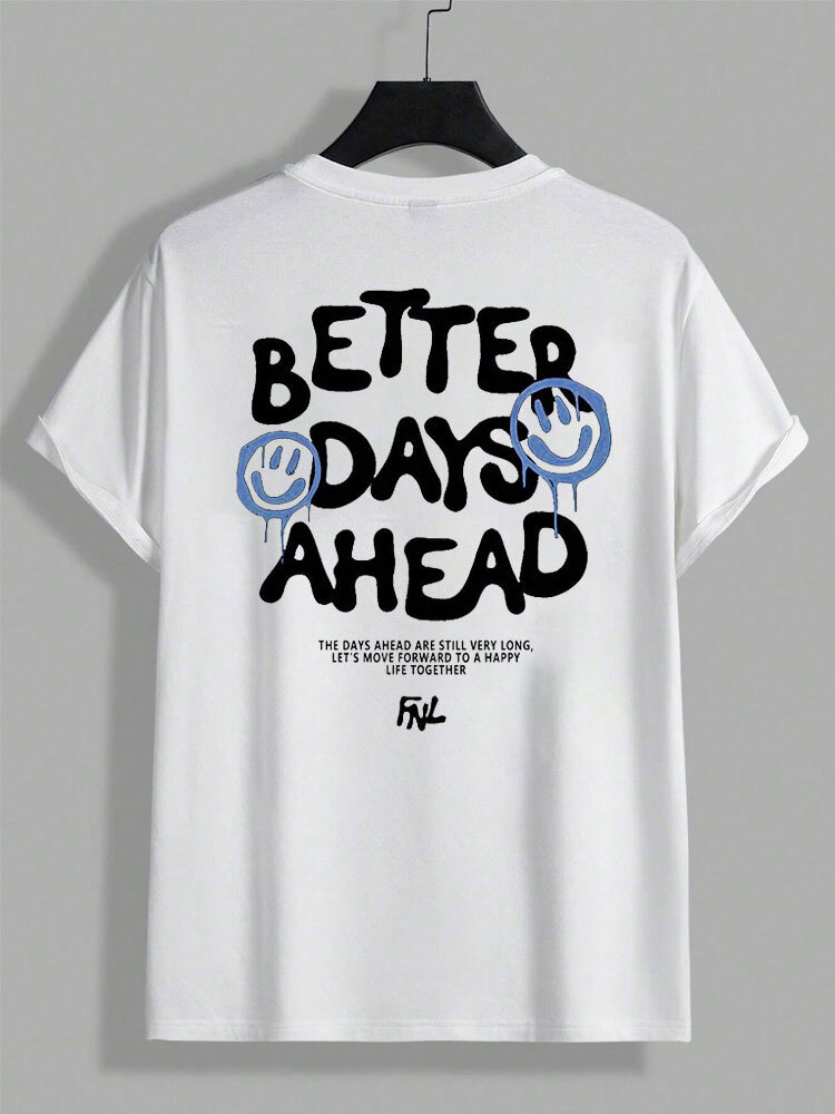 T-Shirts für Herren mit Rundhalsausschnitt und Smiley-Buchstaben-Print, kurzärmlig