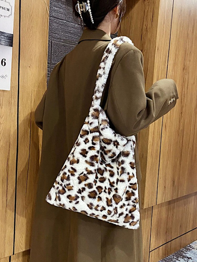 Women Ins Plush Large Capacity Print Fashion Leopard Handbag Tote