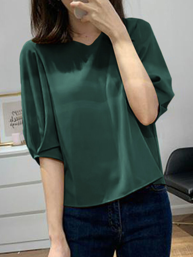 Solid Puff Sleeve Keyhole Back Crew Neck Blouse