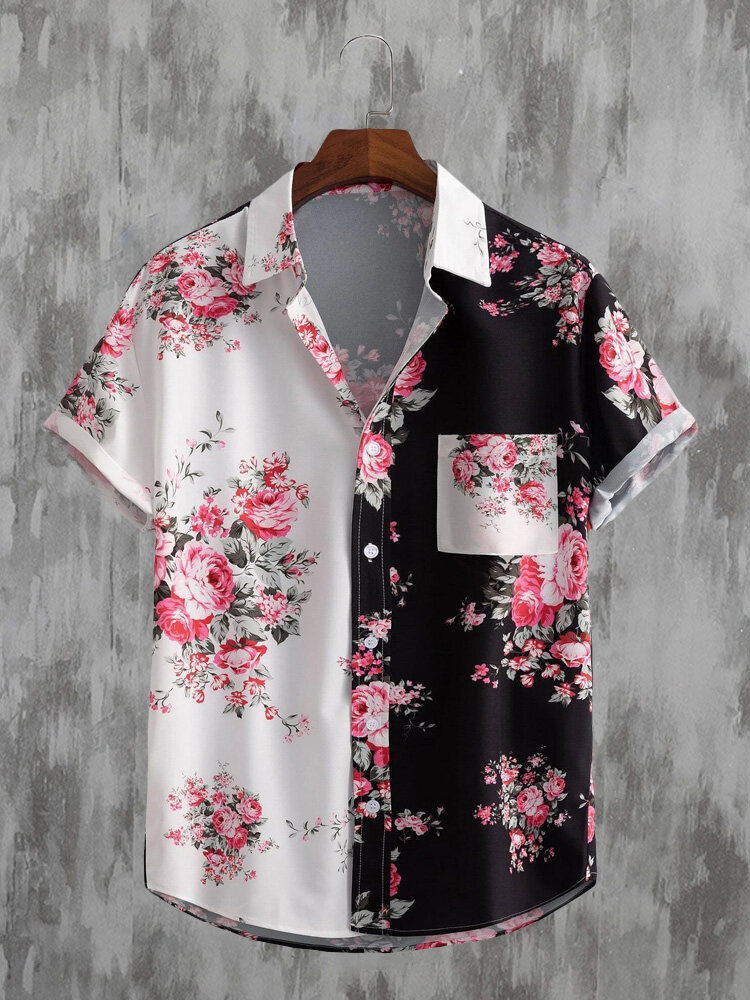 Mens floral estampado patchwork lapela colarinho casual camisas de manga curta