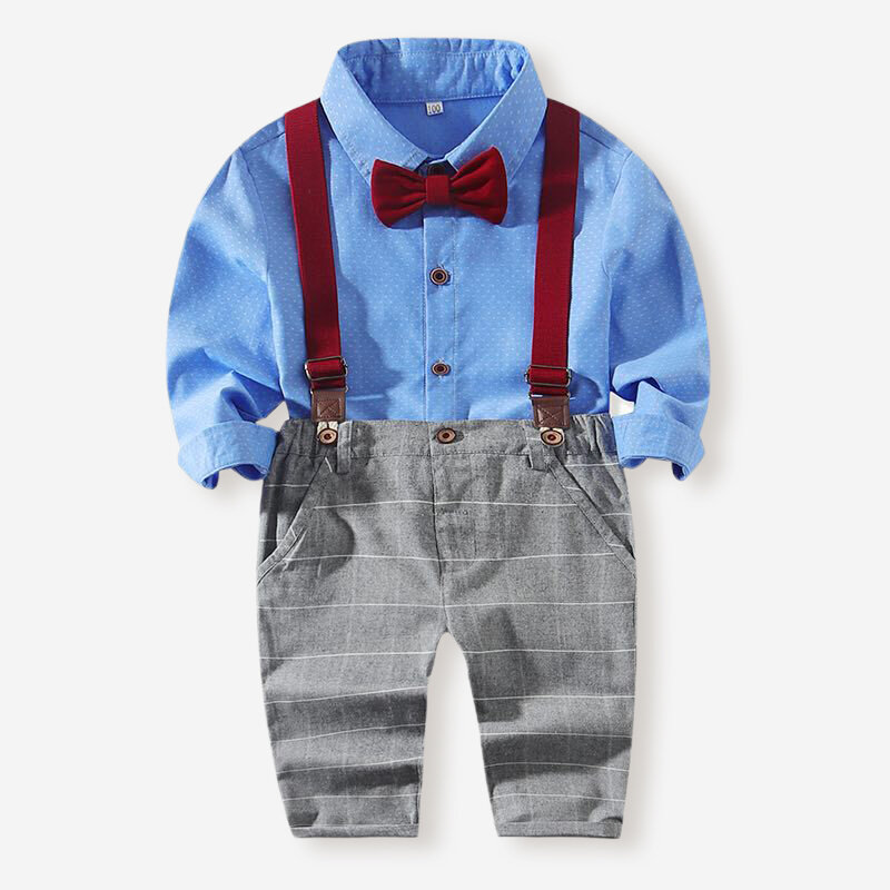 

Boy's Polka Striped Print Long Sleeve Casual Shirt+Pants for 1-7Y, Blue