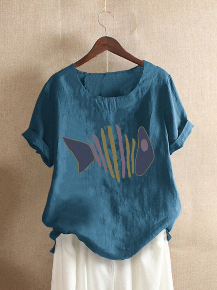 Fish Print Short Sleeve O-neck Casual Cotton T-shirt