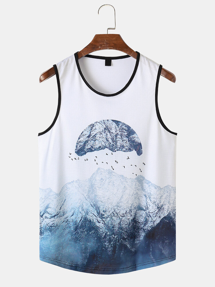 Mens Landscape Print Mesh Breathable Sleeveless Tanks With Contrast Binding, White