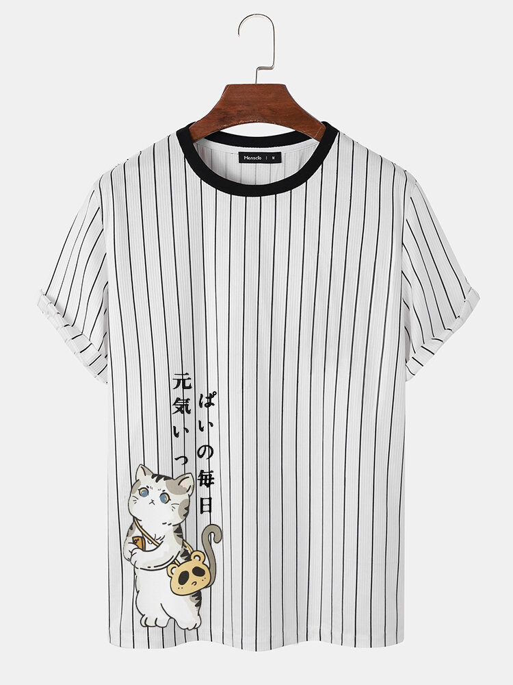 Mens Striped Cartoon Cat Print Short Sleeve T-shirts
