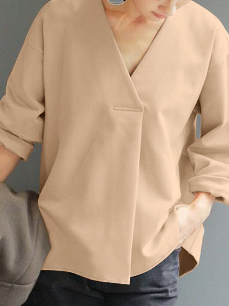 Women Solid V Neck Pleated Casual Long Sleeve Blouse