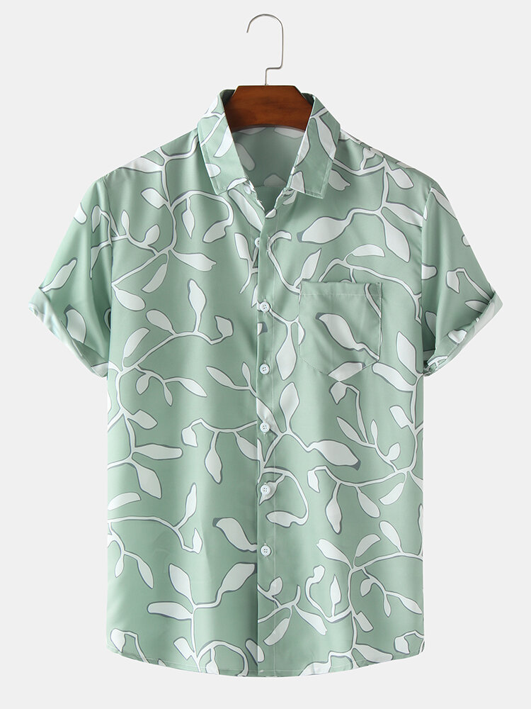 Mens Plant Leaf Print Lapel Holiday Short Sleeve Shirts